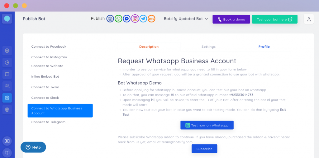 screenshot of Botsify whatsapp chatbot page