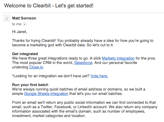 welcome email by Clearbit